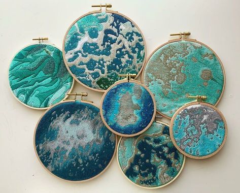 For Those Who Always Wonder How Long It Takes Me, I Like To Show Them This Picture: One Year Worth Of Completed Pieces Images Of Earth, Ocean Embroidery, Satellite Image, Thread Painting, Hand Embroidery Art, Embroidery Hoop Art, Embroidery Craft, Satin Stitch, Embroidery Inspiration