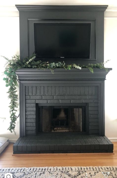 Black Painted Mantel Fireplaces, Black Fireplace With Tile, Black Fireplace Decorating Ideas, Matte Black Fireplace Surround, All Black Fireplace Wall, Black Brick Fireplace Painted, Goth Fireplace, All Black Fireplace, 90s Fireplace Makeover