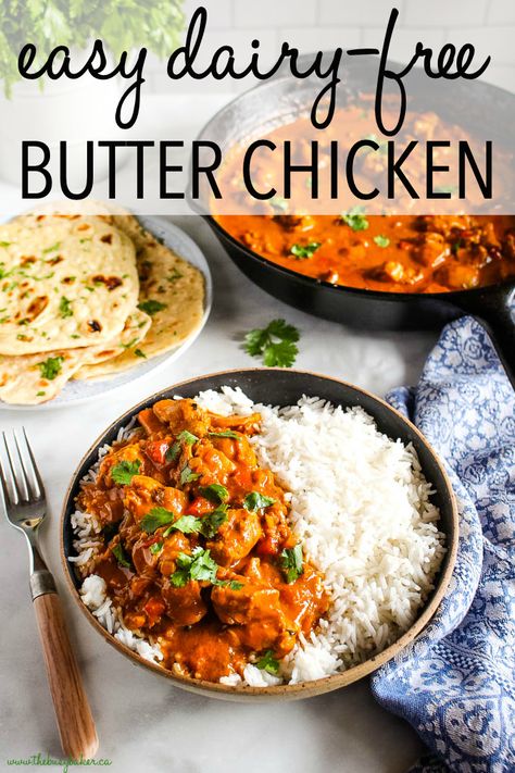 This Easy Dairy-Free Butter Chicken is the perfect Indian-style easy weeknight meal with no dairy! Healthy ingredients & better than take-out! Recipe from thebusybaker.ca! #butterchicken #dairyfree #takeout #restaurant #Indianfood #homemade #healthy #familymeal #weeknightmeal Chicken Dinner Recipes No Dairy, Dinner Recipes Non Diary, Healthy Chicken Recipes No Dairy, Chicken Recipes Nondairy, Good Dairy Free Recipes, Dairy Free Butter Chicken Recipe, Healthy No Dairy Dinner Recipes, Chicken Curry Dairy Free, Easy Gluten Free And Dairy Free Meals