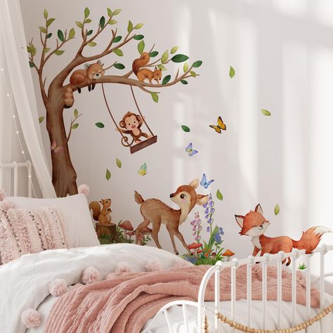 PRICES MAY VARY. Cute woodland animals wall art! Includes tree, flowers, butterflies, mushrooms, and many baby animals such as monkey, raccoon, squirrel, fox, deer, and more. Easy to add a lot of fun to your walls. Material: Vinyl. Non-toxic, environmental protection, waterproof. Easy to apply, remove and reuse without leaving damage or residue. Very easy to assemble and great focal point in your baby nursery, kids room, classroom, bedroom, baby girls and boys room. It can be stuck to walls, fur Forest Baby Rooms, Wall Stickers Nursery, Wall Decor Birthday, Woodland Animal Wall Art, Animal Baby Room, Jungle Tree, Wall Art Decals, Classroom Wall Decor, Kids Bedroom Inspiration