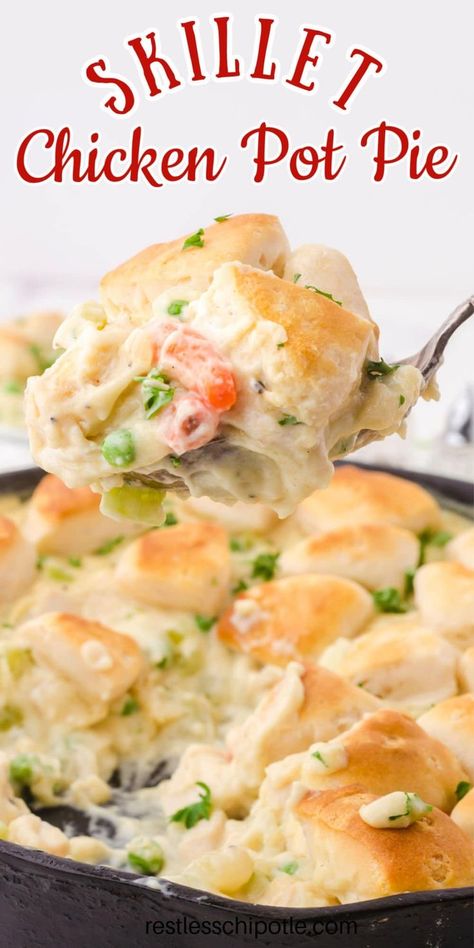 Skillet chicken pot pie, made with biscuits, is an easy dinner that's hearty enough for the hungriest family member! Skillet Chicken Pot Pie, Chicken Pot Pie With Biscuits, Pot Pie With Biscuits, Restless Chipotle, Southern Chicken, Chicken Pot Pie Casserole, Hearty Comfort Food, Easy Chicken Pot Pie, Chicken And Biscuits