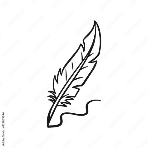 Feather Writing Tattoo, Feather Drawing Simple, Feather Pen Drawing, Cartoon Feather, Writing Quill, Feather Outline, Feather Drawing, Pen Icon, Dibujo Simple