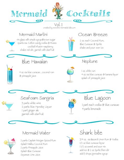 Every Mermaid entertainer needs a bevy of fun cocktail recipes in her arsenal. I started putting together recipes and found dozens!! I compiled them all and have been putting them together as a pri… Birthday Drinks Ideas, Mermaid Bridal Shower Ideas, Cotton Candy Vodka, Fun Cocktail Recipes, Mermaid Bachelorette Party, Mermaid Bridal Showers, Mermaid Drink, Mermaid Bachelorette, Drinks Ideas