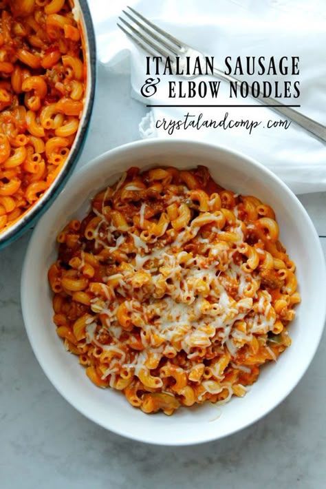 italian sausage and elbow noodles Spaghetti With Elbow Noodles, Recipes With Italian Sausage, Recipes With Elbow Noodles, Recipes With Sausage, Elbow Pasta Recipes, Elbow Noodles, Ground Sausage Recipes, Yummy Pasta, Italian Sausage Pasta