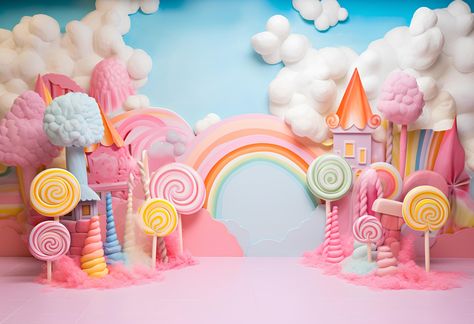 Candyland Haunt Digital Backdrops, Rainbow Backdrops, Children Birthday Cake Smash Photography, Baby Photoshoot Background by VibrantFantasia on Etsy Candy Land Birthday Party Ideas Diy, Candyland Background, Candy Land Backdrop, Baby Photoshoot Background, Candyland Backdrop, Candyland Theme Party, Tarpaulin Layout, Children Birthday Cake, Candyland Birthday Party