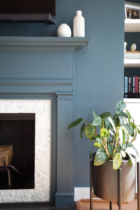 Blue Mantle Fireplace, Light Blue Fireplace, Blue Mantel, Blue Mantle, Blue Fireplace, Fireplace Detail, Mantle Ideas, Blue Interior Design, Brick Fireplace Makeover