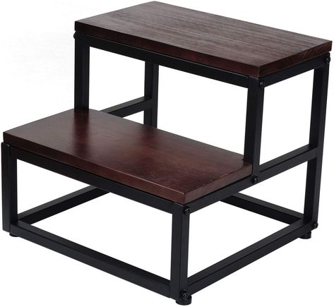 Wooden Step Stool, Two Step Stool with 400lb Load Capacity for Bedroom, Bathroom and Kitchen - Dark Walnut (Assembly Required) Kitchen Step Ladder, Toddler Kitchen Stool, Ladder Plant Stand, Stool Kitchen, Kitchen Step Stool, Bed Steps, Wooden Step Stool, Matching Nightstands, High Beds