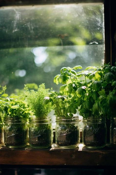 How To Create Your Own Mason Jar Herb Garden! - Mental Scoop Water Jar Plants, Mason Jars Aesthetic, Jar Herb Garden, Mason Jar Herbs, Mason Jar Herb Garden, Miniature Cows, Plants In Jars, Indoor Herb, Indoor Herb Garden