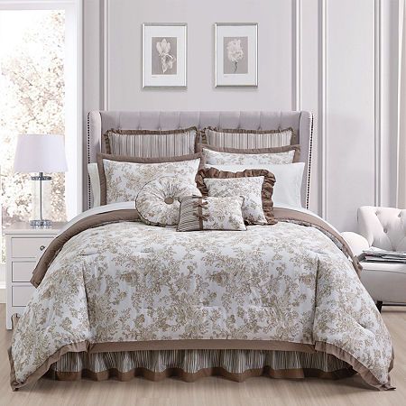 Bring an aristocratic French feel to your bedroom with the classic styling of the Toile Garden comforter set. The popularity of toile dates back to the 1700s.Floral toile print in choice of colorsScalloped edge with contrast bindingAllover vermicelli quiltingComforter set includes: Comforter, sham(s), bedskirtCoordinating accessories sold separately. Comforter and shams are cotton front with polyester back, border and filling. Washable, unless noted.# Pieces In Set: 4Included: 1 Bed Skirt(s) With 15 Inch Drop, 2 King Sham(s), 1 Comforter(s)Features: Down AlternativeBed Skirt Drop: 15 InBed Size: KingBedding Measurements: 96 Length/Inches, 110 Width/InchesBedding Fiber Content: 100% PolyesterBedding Filling Content: 100% PolyesterBed Skirt Fiber Content: 100% PolyesterSham Fiber Content: 10 French Country Bedding, Cotton Comforter Set, Country Bedding, Toile Print, Floral Toile, Full Bedding Sets, Comforter Bedding Sets, Luxury Bedding Collections, Grey Paint