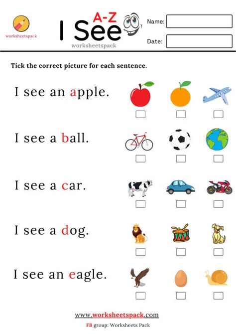 Free I see worksheets pack for kids. Tick the correct picture for each sentence. Free I see sentences for kids Download