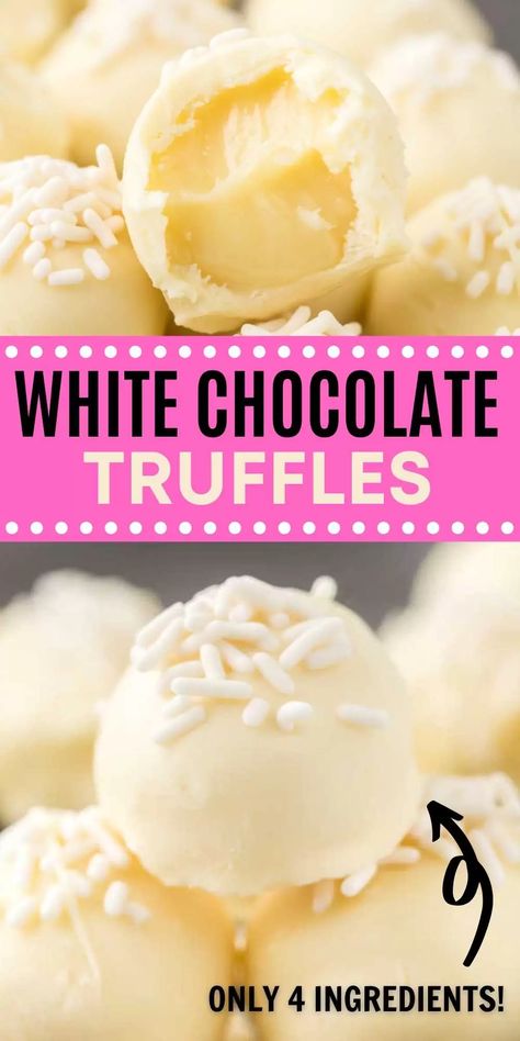 Try this easy White Chocolate Truffles Recipe! White Chocolate Balls Recipe is so easy to make with only 4 ingredients. Everyone will love these white chocolate balls. You’ll love how easy and delicious these are to make! #eatingonadime #easydessertrecipes #whitechocolaterecipes White Chocolate Recipes Desserts, White Chocolate Balls, White Chocolate Bark Recipes, White Chocolate Chips Recipes, Chocolate Balls Recipe, Almond Bark Recipes, Pumpkin Spice Cookie Recipe, Truffle Recipe Easy, Chocolate Truffles Recipe