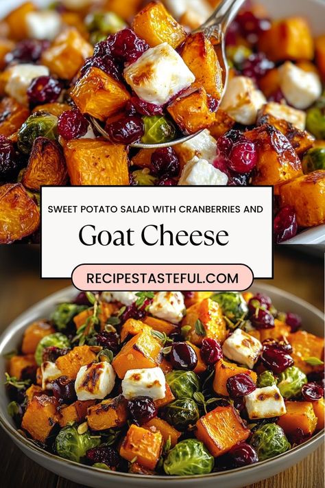 This **fall-inspired salad** is a perfect blend of sweet and savory flavors, featuring roasted butternut squash, Brussels sprouts, and sweet potatoes. Topped with a tangy cranberry glaze, creamy goat cheese, and a handful of fresh cranberries, it’s a vibrant, seasonal dish that’s both comforting and refreshing. Ideal for autumn gatherings or a nourishing side for any meal! Brussels Sprout Sweet Potato Cranberry, Brussels Sprouts Dinner Recipe, Brussel Sprouts Sweet Potato Salad, Brussels Sprouts Squash Cranberries, Brussel Sprout Butternut Squash Goat Cheese, Brussel Sprout Squash Cranberry, Sweet Potato Feta Cranberry, Cranberry Glazed Roasted Butternut Squash With Goat Cheese, Brussel Sprout Sweet Potato Cranberry