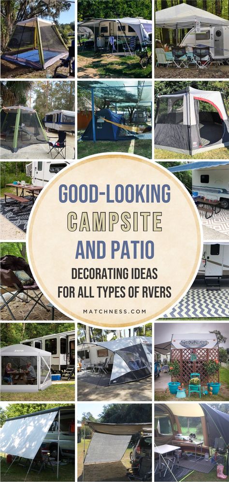 If you are looking for campsite decorating ideas, this page is the right place for you to go. The ideas are easy to follow that will transform your space into an enjoyable outdoor living space. The ideas are collected in Good-Looking Campsite And Patio Decorating Ideas For All Types Of RVers. #campsite #patio #RV Small Campsite Ideas, Camping Yard Ideas, Rv Patio Deck Ideas, Rv Camper Outdoor Set Up, Rv Front Yard, Outdoor Rv Space, Rv Outdoor Space Ideas, Campsite Decor Ideas, Campsite Design Ideas