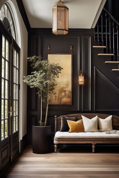 Dark Interiors: The Resurgence of Bold, Dramatic Aesthetics in 2024 Dark Colonial House Interior Design, Dark And Moody Homes, Moody French Interior, Colonial House Interior Design Entryway, Moody Hallway Interior Design, Linen Home Decor, Living Room With Fireplace Designs, Dark Regal Aesthetic, Dark Home Interior Design