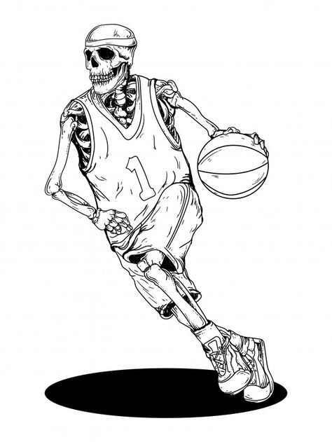 Design black and white hand drawn illust... | Premium Vector #Freepik #vector #sport #skull #basketball #game Skull Basketball, Skeleton Basketball, Basketball Tattoos, Basketball Drawings, Black And White Designs, Trill Art, Design Black And White, Tatuaje A Color, Basketball Art