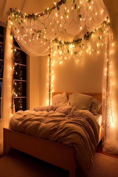 A cozy bedroom with a canopy of fairy lights and greenery, perfect for fall-inspired affordable bedroom decor. Fairy Cottage Room Ideas, Bed With A Canopy, Decorated Canopy Bed, Leafy Canopy Bed, Fairy Light Canopy Bedroom, Folklore Bedroom Ideas, Cottage Core Canopy Bed, Fairy Canopy Bed, Bedroom Ideas With Canopy Bed