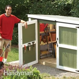 Assemble this easy-to-build storage locker for your outdoor tools. It's low and compact, yet spacious enough hold your lawnmower, long-handled tools and all your gardening materials. Outdoor Storage Locker, Small Outdoor Storage, Lawn Mower Storage, Storage Locker, Garden Storage Shed, Storage Shed Plans, Diy Shed Plans, Outdoor Storage Cabinet, Shed Plan