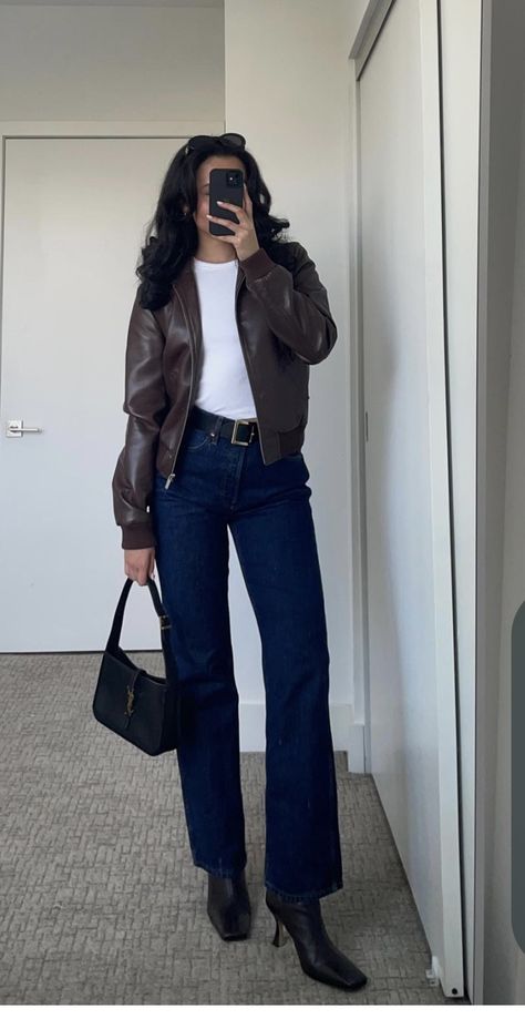 Dark Hair Outfits Fall, Jeans In Boots Outfit, Fall Brunch Outfit Midsize, Black Jean Jacket Outfits Winter, Simple Leather Jacket Outfit, Dark Wash Jeans Outfit Fall, Dark Denim Blue Jeans Outfit, Cuffed Jeans Outfit Fall, Brown Rider Boots Outfit