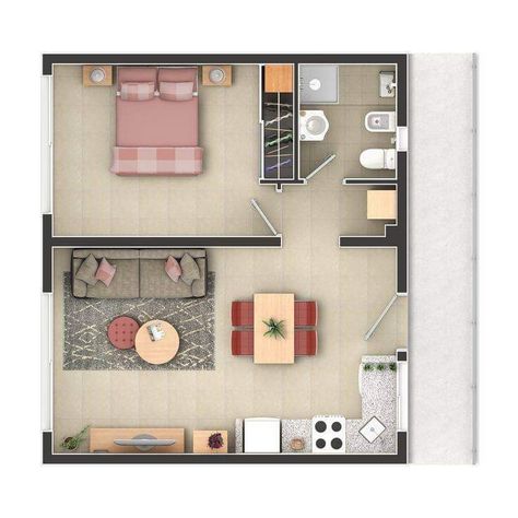 Small Apartment Plans, Studio Apartment Floor Plans, Apartemen Studio, Small House Blueprints, Studio Floor Plans, Wohne Im Tiny House, 3d Floor Plans, Small House Layout, 3d Floor Plan