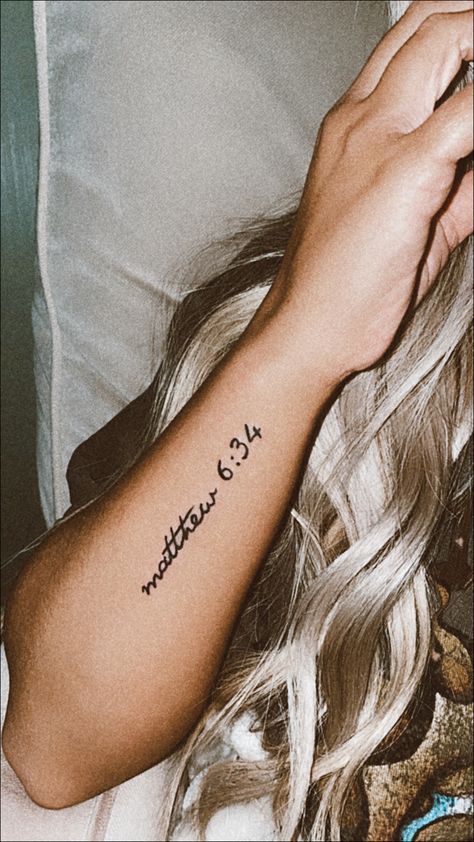 Arm Tattoos For Women Biblical, Minimal Verse Tattoo, Bible Verse On Arm Tattoo, Forearm Tattoo Ideas Female Meaningful, Scripture Forearm Tattoo Women, Bible Verse Fonts Tattoo, Bible Quote Tattoos For Women On Arm, Matthew 19 6 Marriage Tattoo, Forearm Tattoo Women Small Quotes