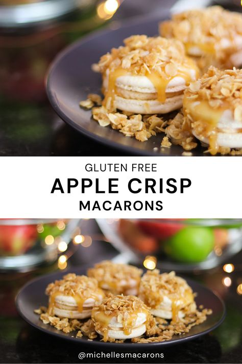 Michelle's Macarons is sharing one of her favorite macaron recipes: Apple Crisp macarons. It's the perfect macaron filling recipe for apple lovers. (Video included!) Apple Cider Macarons, Caramel Apple Macarons, Fall Macarons Recipe, Apple Pie Macarons, Michelle's Macarons, Macaron Filling Recipe, Apple Macarons, Fall Macarons, Macarons Flavors