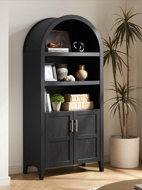 Lauren 65.4" Short Arched Cabinet, 5-Tier Arched Bookcase with Doors and Shelves Arched Bookshelf With Doors, Dark Academia Bookcase, Arched Bookshelf, Arch Shelf, Arched Bookcase, Bookshelf With Storage, Ethereal Decor, Raven Decor, Arched Cabinet