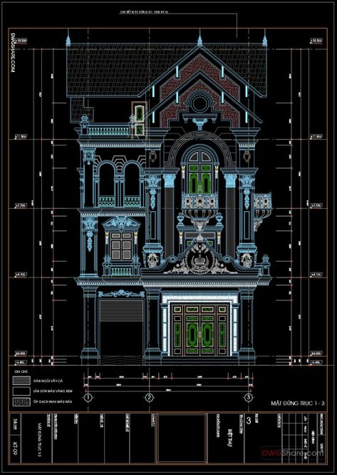 Autocad Drawing Of 4-Story Classic Villa 8.6mx11.4m For Download Classic Villa Exterior, Section Drawing, Classic Villa, Villa Plan, Cad Blocks, Autocad Drawing, Phone Wallpaper For Men, Cad Drawing, Story House