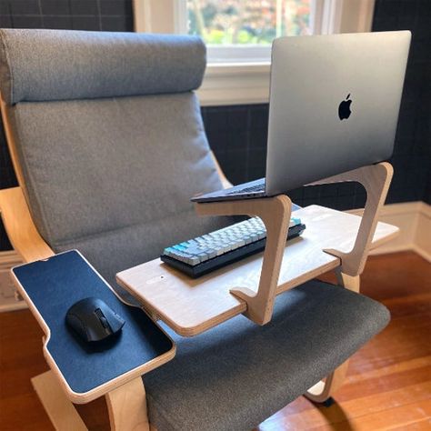 These brackets can be added to a standard size attachable lap desk or Poang lap desk to elevate your laptop Laptop Riser, Traditional Desk, Ikea Hack Ideas, Ikea Furniture Hacks, Ikea Chair, Lap Desk, Furniture Hacks, Ikea Furniture, Desk Setup