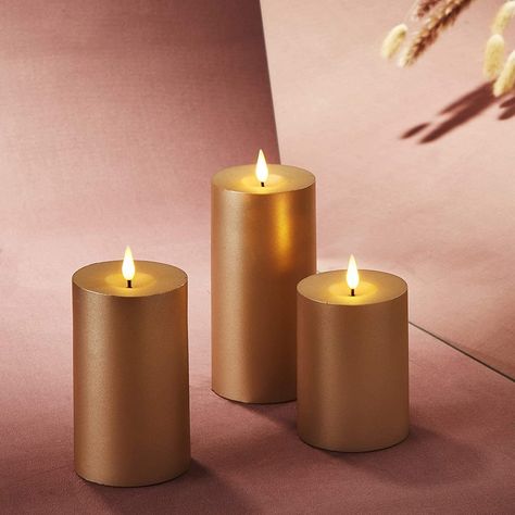 Gold Flameless Pillar Candles - 3 Inch Diameter, 3 Pack Textured Candles, Gold Pillar Candles, Indoor Lanterns, Wick Candles, Electric Candles, Flickering Lights, Outdoor Candles, Flush Mount Lights, Elegant Aesthetic