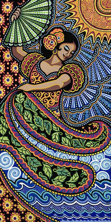 "Flamenco by Day" 18" x 36" acrylic painting by Daniella Willett-Rabin Mexico Art Culture, Mexican Drawings, Flamenco Art, Mexico Theme, Mexican Wallpaper, Mexican Art Painting, Mexican Folk Art Painting, Mexican Artwork, Hispanic Art