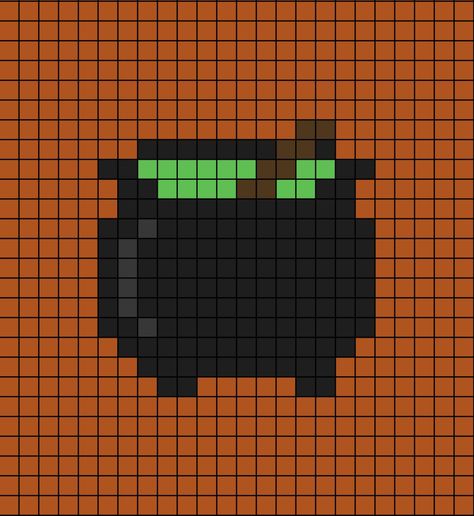 A pixel art template of an active black cauldron with a wooden stick and green inside. Cauldron Perler Bead Pattern, Pixel Art Begginers, Easy Halloween Pixel Art, Haunted House Pixel Art, Pixel Art Grid Halloween, Halloween Grid Art, Halloween 8bit, Cauldron Pixel Art, Cute Halloween Pixel Art