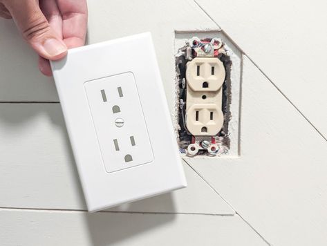 Decorating Around Light Switch, White Switch Plate Covers, White Outlet Covers, Updated Electrical Outlets, Update Outlet Covers, How To Replace Old Light Switches, Update Electrical Outlets, Plug Covers Switch Plates, Upgrade Light Switch Covers