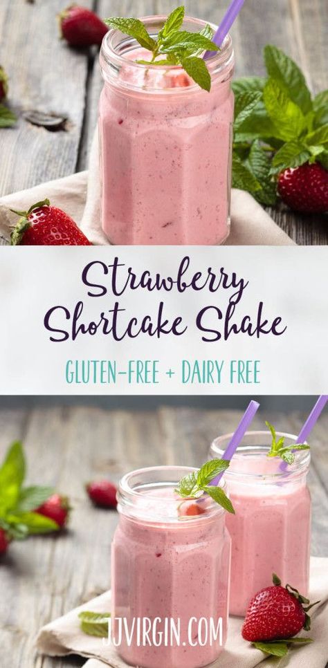 This fruity protein shake is a gluten-free, dairy-free version of strawberry shortcake with all the same delicious, creamy flavors – springtime in a cup! Get this gluten free, dairy free, healthy protein shake recipe now... Dairy Free Liquid Diet, Gastro Diet, Thm Shakes, Healthy Protein Shake, Healthy Protein Shake Recipes, Dairy Free Protein Powder, Dairy Free Milkshake, Virgin Diet, Thm Drinks