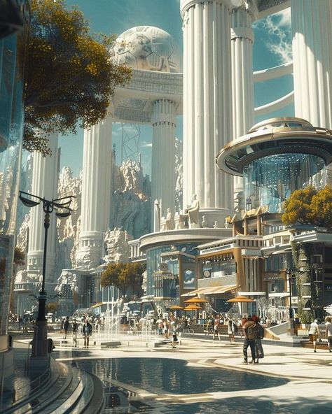 Greco Futurism, Modern Fantasy World, Ancient Futurism, Scifi Architecture, Scifi Artwork, Sci Fi Architecture, Shopping District, Future Buildings, Sci Fi City