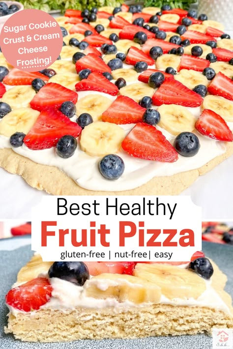 Healthy Sugar Cookie Dough, Sugar Free Fruit Pizza, Gluten Free Fruit Desserts, Gluten Free Fruit Pizza, Light Cream Cheese Frosting, Chewy Sugar Cookie, Healthy Sugar Cookies, Fruit Pizza Crust, Healthy Cream Cheese