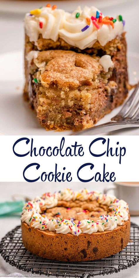 A thick chocolate chip cookie cake is the perfect party dessert. Leave it plain or decorate with frosting and sprinkles, everyone loves this cookie cake recipe! #cookiecake #chocolatechipcookiecake #bigcookie #cookiecakerecipe Chocolate Chip Cookie Cake, Cookie Cake Birthday, Cookies Bars, Cookie Cakes, Big Cookie, Cookie Cake Recipe, Choc Chip Cookies, Chip Cookie Recipe, Chocolate Chunk Cookies