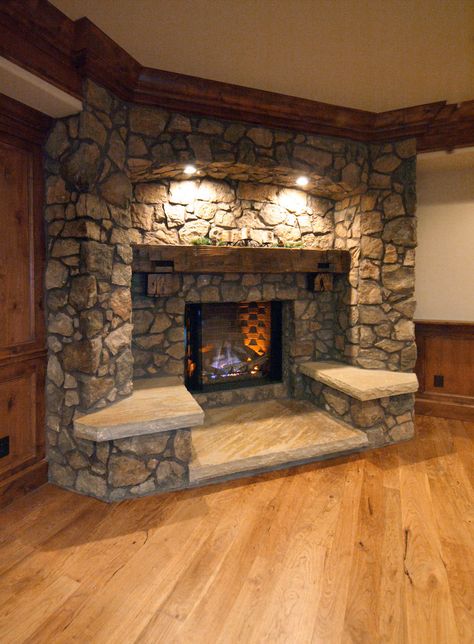 Love this! rustic fireplace with lights on the mantle with stone seating on the sides. Rustic Fireplace Mantels, Fireplace Built Ins, Rustic Fireplaces, Built In Seating, Living Room With Fireplace, Stone Fireplace, Home N Decor, Fireplace Mantels, 인테리어 디자인