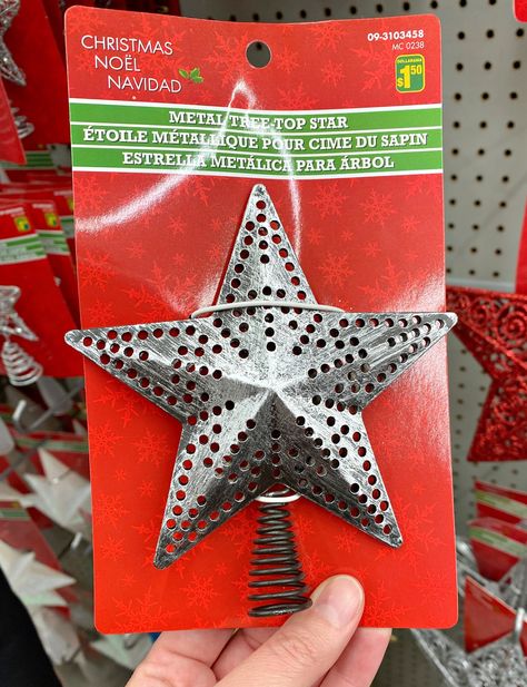 Dollar Store Tree Topper Hack Homemade Christmas Star Tree Topper, Xmas Tree Star Topper Diy, Outdoor Christmas Tree Toppers, Diy Star Topper Christmas Tree, Rustic Star Tree Topper, Boho Christmas Tree Topper Ideas, Making A Christmas Tree Topper, Simple Tree Toppers, Homemade Tree Topper Diy