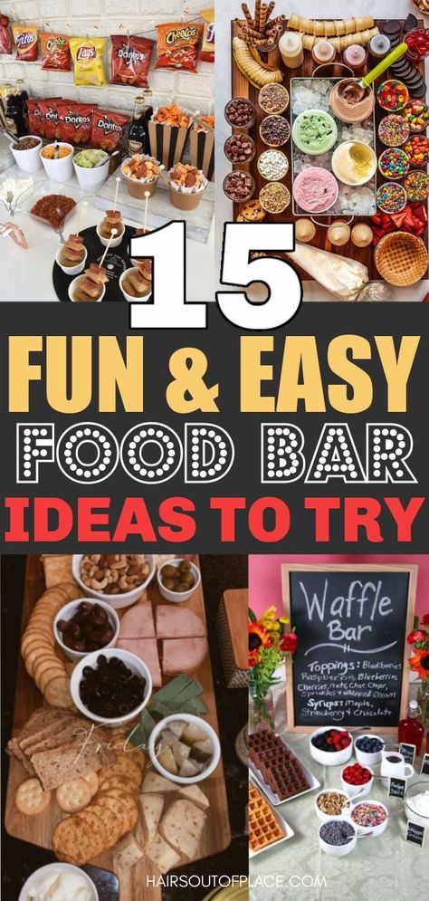 15 food bar ideas for parties that are easy and simple. You'll love these food bar buffets for graduation, new years, birthdays, breakfast, taco, snacks, and more. Build Your Own Party Food Ideas, Christmas Snack Bar Ideas Party, Appetizer Bar Ideas Food Stations, Fun Party Food Themes, Bar Foods For Parties, Homecoming Party Food Ideas, At Home Buffet Ideas, Work Buffet Ideas Food Bars, Birthday Snacks For Work