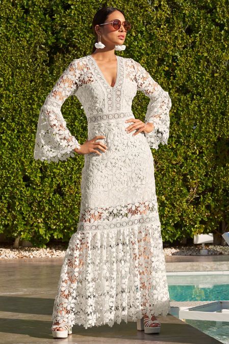 Lace V-neck Maxi Dress | Boston Proper 2024 Dresses, Alexia Admor, Boston Proper, Fall 2024, Clothing Dresses, Pretty Cool, Floral Lace, Bell Sleeves