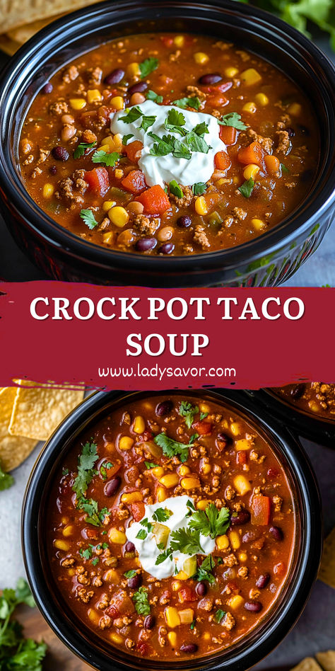 Crock Pot Taco Soup Crock Pot Taco Soup, Fun Cooking Ideas, Ground Beef Beans, Elegant Dishes, Taco Soup Crock Pot, Balanced Meal Plan, Crock Pot Tacos, Food Easy Recipes, Comforting Soup