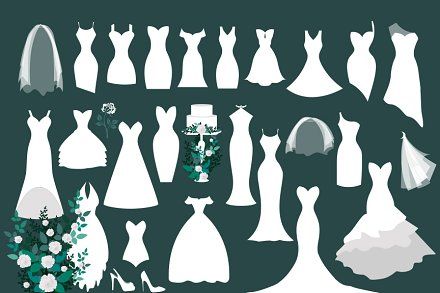 Dress Clipart, Wedding Infographic, Dress Vector, Fashion Clipart, White Wedding Dress, Bridal Veils, Wedding Clipart, Dress Sketches, Creative Sketches