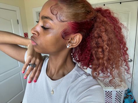 Peak A Boo Color On Natural Hair, Dyed Hair Inspiration For Black Women, Brown And Red Skunk Stripe, Pink And Ginger Hair Black Women, Blond And Burgundy Hair, Blonde And Red Hair Peekaboo, Peekaboo Hair Color Locs, Brown Hair With Red Peekaboos, Brown And Pink Hair Curly