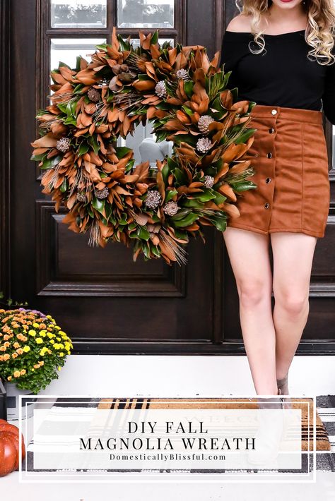 This DIY Fall Magnolia Wreath is perfect for autumn because it changes colors with the season. Fall Magnolia Wreaths For Front Door, Fall Wheat Wreaths For Front Door, Magnolia Leaf Decor, Fall Magnolia Wreath, Autumn Wreaths For Front Door Diy, Fall Wreaths For Front Door Autumn, Pennsylvania Farmhouse, Diy Fall Garland, Leaf Wreaths