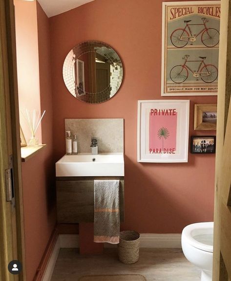 Terracotta Bathroom Walls Paint Colors, Downstairs Toilet Colour Ideas, Terracotta Bathroom Paint, Terracotta Wall Color Bathroom, Dark Pink Bathroom Ideas, Bathroom Terracotta Walls, Terracotta Toilet Room, Salmon Bathroom Walls, Terracotta Walls Bathroom