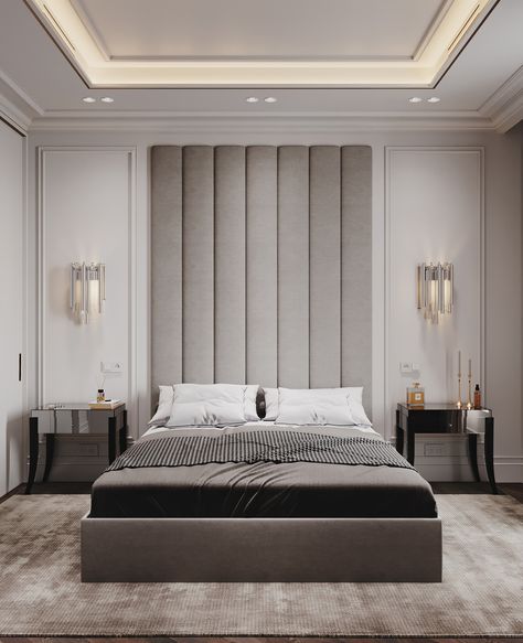 Panelled Headboard, Modern Luxury Bedroom, Bedroom Bed Design, Design Room, Interior Modern, Home Remodel, Bold Black, Design Case, Luxurious Bedrooms