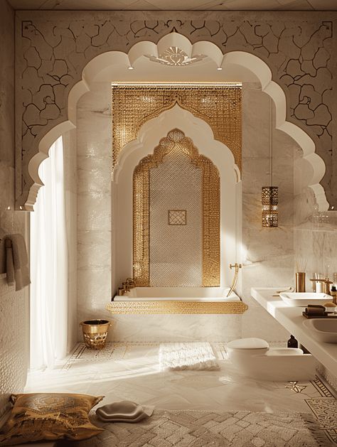 Moroccan Themed Bathrooms: Elegant Tile and Accessories Modern Moroccan Bathroom, Moroccan Bathroom Ideas, Islamic Palace, Moroccan Bathroom Decor, Modern Moroccan Interior Design, Morrocan Home, Moroccan Style Bathroom, Ottoman Interior, Moroccan Inspired Bathroom