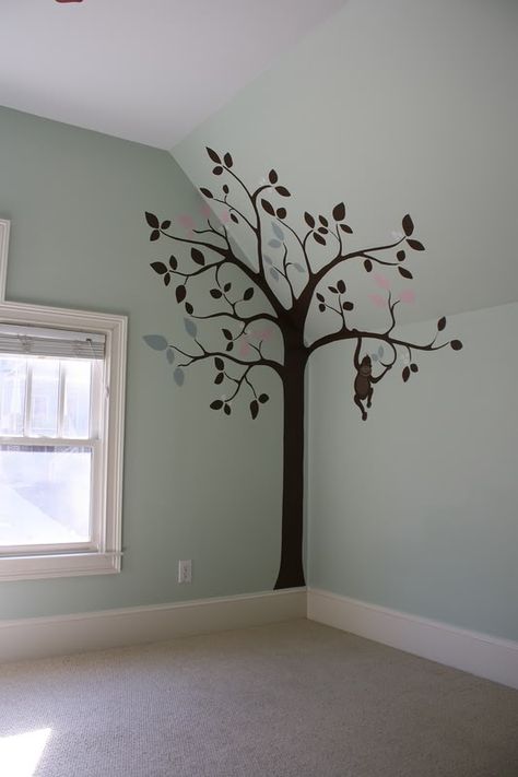 Use vinyl decor that extends up onto the ceiling (not necessarily this design...) Tree Murals, Mural Tree, Sloped Ceiling Bedroom, Kids Tree, Slanted Walls, Tree Interior, Wall Tree, Indoor Tree, Slanted Ceiling