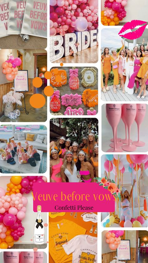 Veuve Before Vows, Champagne Bachelorette Party, Vows Ideas, Tea Party Outfit, Orange Champagne, Retro Bridal Showers, Hens Party Themes, Miami Bachelorette Party, Bachelorette Inspo