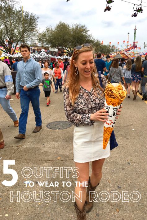 5 Outfits to Wear to the Houston Rodeo What To Wear To Rodeo Outfits, Rodeo Carnival Outfits, Houston Livestock Show And Rodeo Outfits, Austin Rodeo Outfit, Outfit Ideas For Texas Trip, Spring Rodeo Outfits For Women, Hlsr Houston Rodeo Outfit, Rodeo Cookoff Outfit, Houston Rodeo Outfits For Women 2023